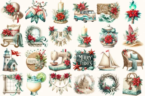 Seaside Christmas Watercolor Clipart Set - 170+ transparent PNG, Festive Beach Illustrations, Xmas, Cozy Holiday Art, Digital Download