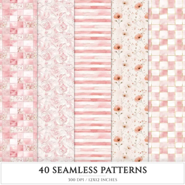 Blush Chic Noel Seamless Patterns, Christmas JPEG, Festive Patterns, Floral, Pastel, Girly Winter repeating pattern, Digital scrapbook paper