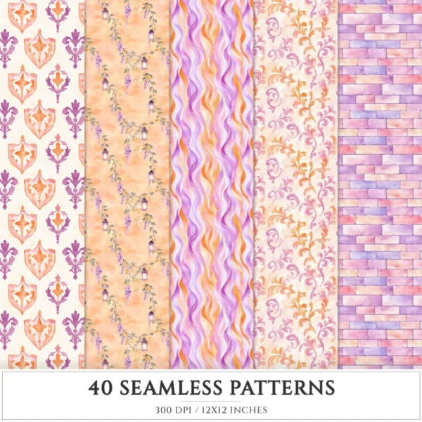 Rapunzel Dreams Seamless Patterns, Fairytale JPEG, Floral infinite pattern, Fantasy flowers repeating pattern, Digital scrapbook paper