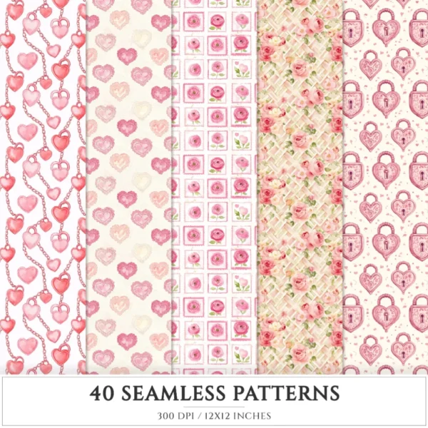 Love Moments Seamless Patterns, Valentines JPEG, Heart infinite pattern, Bird, Rose, Romantic repeating pattern, Digital scrapbook paper