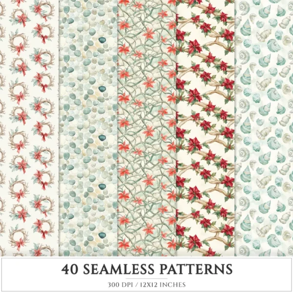 Seaside Christmas Seamless Patterns, Festive Beach JPEG, Poinsettia, Floral, Coastal Xmas, Holiday Infinite Patterns, Digital Download