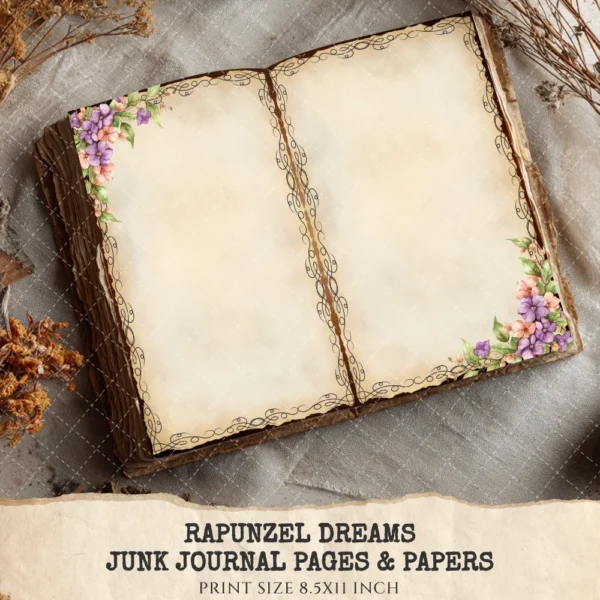 Rapunzel Dreams Junk Journal Pages & Papers – Fairytale Princess, Tangled Printable, Purple Scrapbook, Vintage, Dreamy, Digital Download