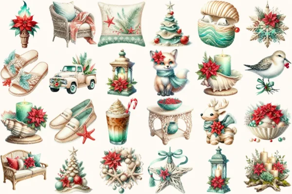 Seaside Christmas Watercolor Clipart Set - 170+ transparent PNG, Festive Beach Illustrations, Xmas, Cozy Holiday Art, Digital Download