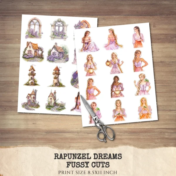 Rapunzel Dreams Clipart Set – Whimsical Illustrations, Fantasy cottagecore graphics, Fairytale art, Commercial use, Digital download