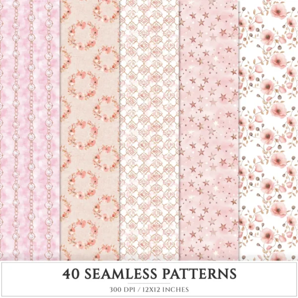 Blush Chic Noel Seamless Patterns, Christmas JPEG, Festive Patterns, Floral, Pastel, Girly Winter repeating pattern, Digital scrapbook paper
