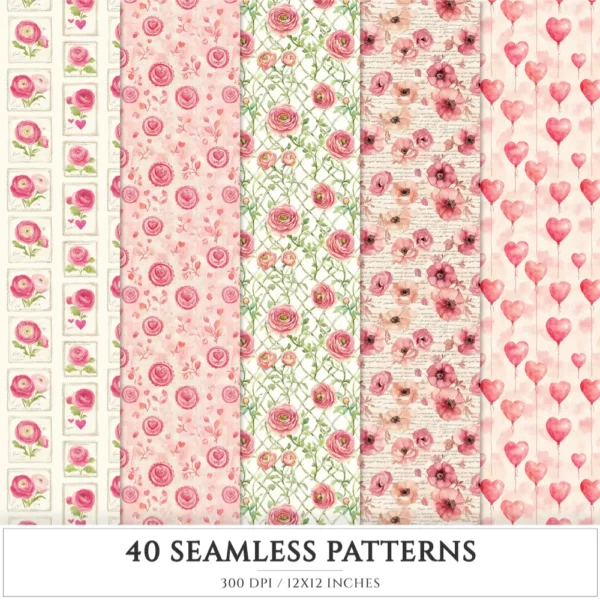 Love Moments Seamless Patterns, Valentines JPEG, Heart infinite pattern, Bird, Rose, Romantic repeating pattern, Digital scrapbook paper