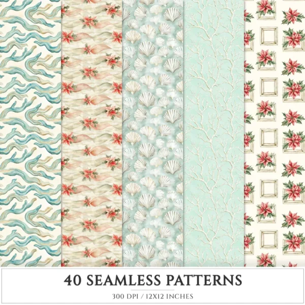 Seaside Christmas Seamless Patterns, Festive Beach JPEG, Poinsettia, Floral, Coastal Xmas, Holiday Infinite Patterns, Digital Download