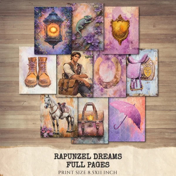 Rapunzel Dreams Junk Journal Pages & Papers – Fairytale Princess, Tangled Printable, Purple Scrapbook, Vintage, Dreamy, Digital Download