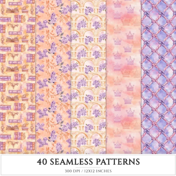 Rapunzel Dreams Seamless Patterns, Fairytale JPEG, Floral infinite pattern, Fantasy flowers repeating pattern, Digital scrapbook paper