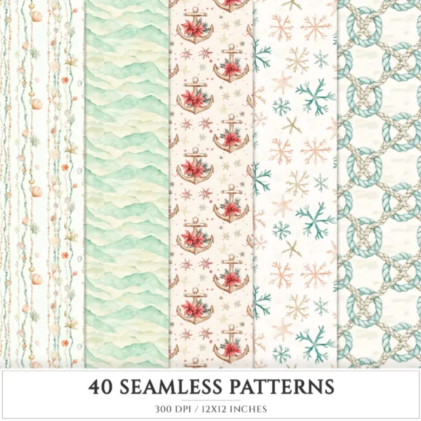 Seaside Christmas Seamless Patterns, Festive Beach JPEG, Poinsettia, Floral, Coastal Xmas, Holiday Infinite Patterns, Digital Download