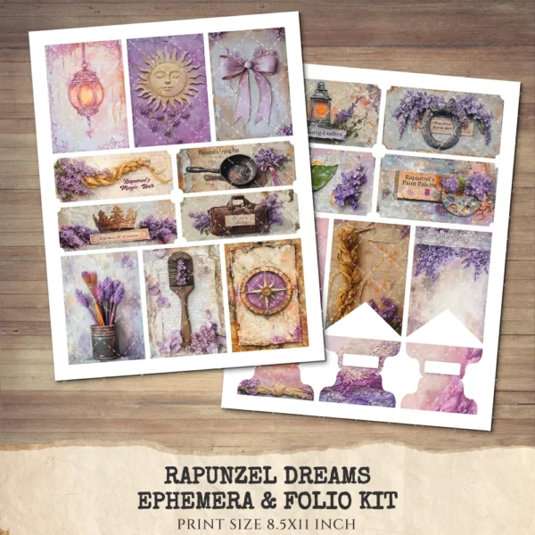 Rapunzel Dreams Ephemera & Folio Kit – Rapunzel, Princess, Victorian Printables, Fantasy, Dragon Art, Magical Tags, kits, Digital Download