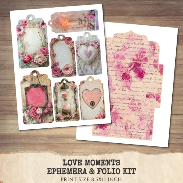 Love Moments Ephemera & Folio Kit – Romantic Hearts, Red Pink Printable, Valentine's Day, Tags, Victorian, Love, Floral, Digital Download