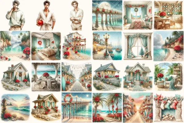 Seaside Christmas Watercolor Clipart Set - 170+ transparent PNG, Festive Beach Illustrations, Xmas, Cozy Holiday Art, Digital Download