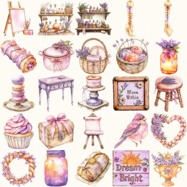 Rapunzel Dreams Clipart Set – Whimsical Illustrations, Fantasy cottagecore graphics, Fairytale art, Commercial use, Digital download