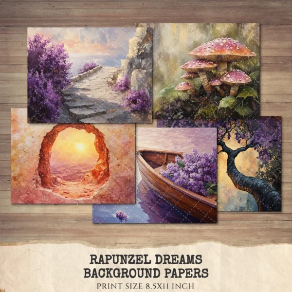 Rapunzel Dreams Junk Journal Pages & Papers – Fairytale Princess, Tangled Printable, Purple Scrapbook, Vintage, Dreamy, Digital Download