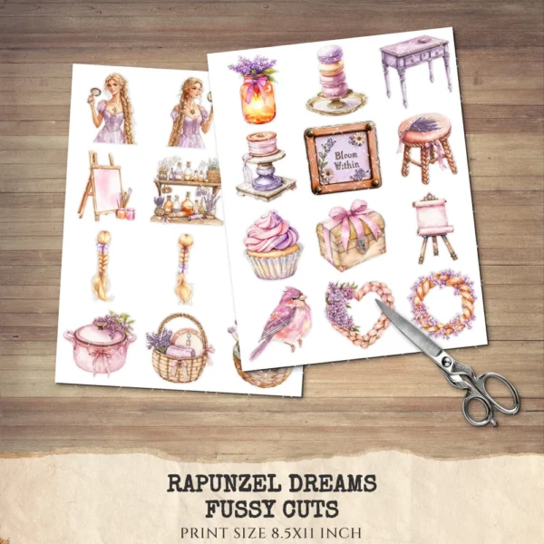 Rapunzel Dreams Clipart Set – Whimsical Illustrations, Fantasy cottagecore graphics, Fairytale art, Commercial use, Digital download