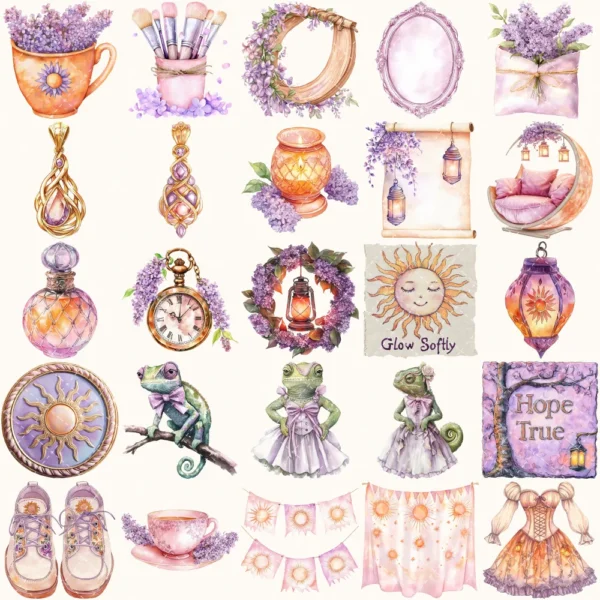 Rapunzel Dreams Clipart Set – Whimsical Illustrations, Fantasy cottagecore graphics, Fairytale art, Commercial use, Digital download
