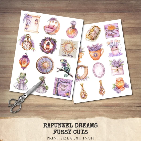 Rapunzel Dreams Clipart Set – Whimsical Illustrations, Fantasy cottagecore graphics, Fairytale art, Commercial use, Digital download