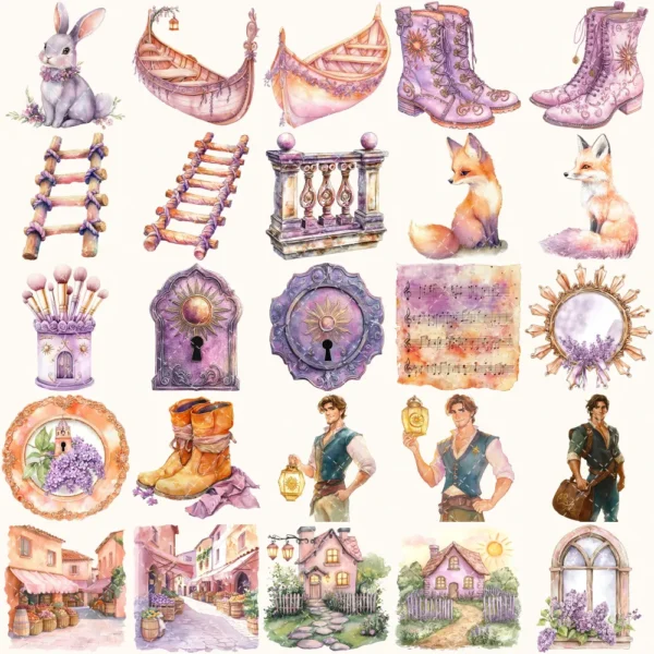 Rapunzel Dreams Clipart Set – Whimsical Illustrations, Fantasy cottagecore graphics, Fairytale art, Commercial use, Digital download