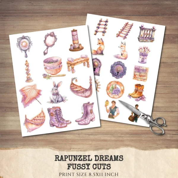 Rapunzel Dreams Clipart Set – Whimsical Illustrations, Fantasy cottagecore graphics, Fairytale art, Commercial use, Digital download