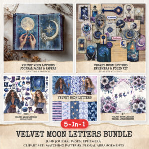 Velvet Moon Letters Mega Bundle – Junk Journal Pages, Ephemera, Kit, Mystical Moon Art, Celestial Graphics, Magical Floral, Digital Download