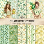 Shamrock Story Seamless Patterns, St Patricks Day JPEG, Clover infinite pattern, Polka, Shamrock repeating pattern, Digital scrapbook paper