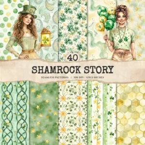 Shamrock Story Seamless Patterns, St Patricks Day JPEG, Clover infinite pattern, Polka, Shamrock repeating pattern, Digital scrapbook paper