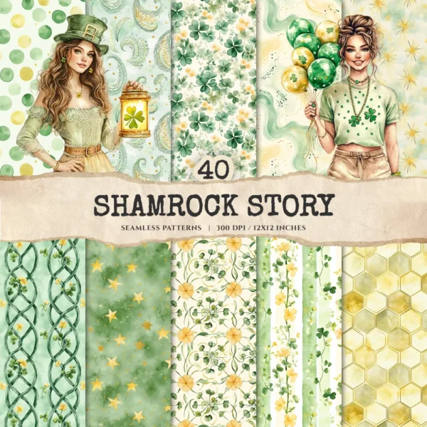 Shamrock Story Seamless Patterns, St Patricks Day JPEG, Clover infinite pattern, Polka, Shamrock repeating pattern, Digital scrapbook paper