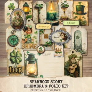 Shamrock Story Ephemera & Folio Kit – St Patricks Day Printables, Springtime, Irish, Leprechaun Art, Lucky Day Tags, Kits, Digital Download