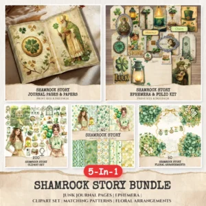 Shamrock Story Mega Bundle – St Patricks Day Printables, Ephemera, Journal, Lucky Day Clipart, Seamless Pattern, Floral Art, Digital Download