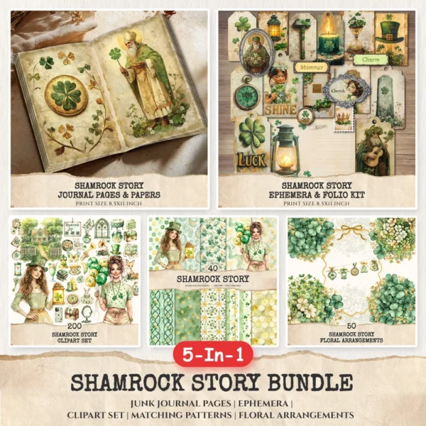 Shamrock Story Mega Bundle – St Patricks Day Printables, Ephemera, Journal, Lucky Day Clipart, Seamless Pattern, Floral Art, Digital Download