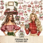 Gingham Glow Clipart Set – Plaid Holiday Illustrations, Festive Floral Graphics, Cozy Winter Christmas, Santa PNG, Digital download