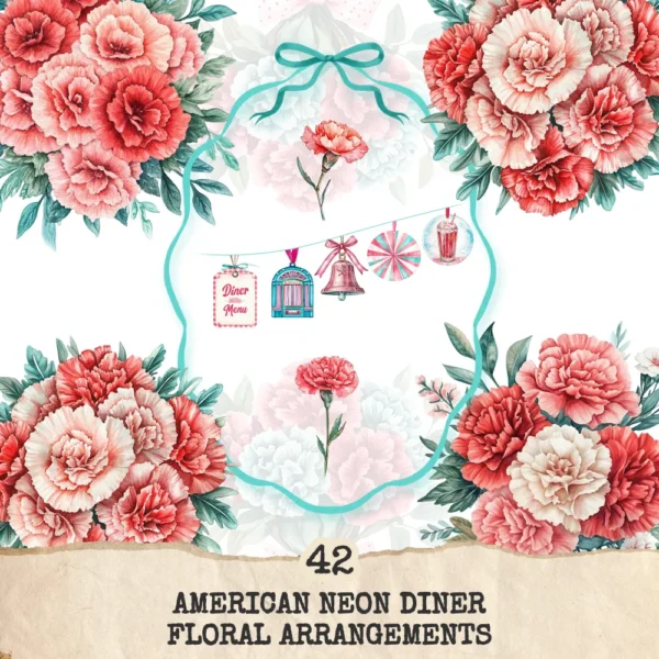 American Neon Diner Floral Arrangements, Carnation Floral PNG, Carnation Bouquet, Flowers, Decor, Ornaments, Flower Art, Digital download