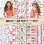 American Neon Diner Seamless Patterns, 50's Diner JPEG, Jukebox Infinite Pattern, Nostalgic Dining Repeating Pattern, Digital Scrapbook Paper