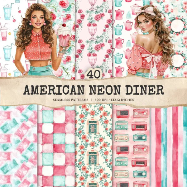 American Neon Diner Seamless Patterns, 50's Diner JPEG, Jukebox Infinite Pattern, Nostalgic Dining Repeating Pattern, Digital Scrapbook Paper