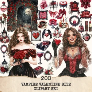 Vampire Valentine Bite Clipart Set – Dark Romance Illustrations, Gothic Haunted Graphics, Victorian, Florals, Academia PNG, Digital download
