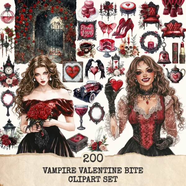 Vampire Valentine Bite Clipart Set – Dark Romance Illustrations, Gothic Haunted Graphics, Victorian, Florals, Academia PNG, Digital download