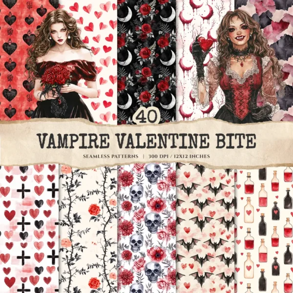 Vampire Valentine Bite Seamless Patterns, Dark Romance JPEG, Thorny Infinite Pattern, Floral Skull Repeating Pattern,Digital Scrapbook Paper