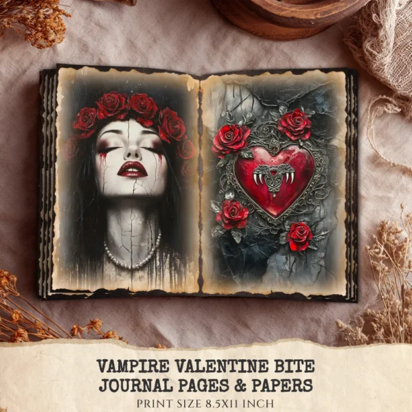 Vampire Valentine Bite Junk Journal Pages & Papers – Victorian, Dark Romance Printable, Gothic Haunted Scrapbook, Florals, Digital Download