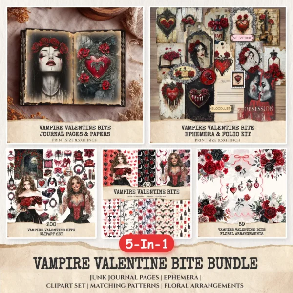 Vampire Valentine Bite Mega Bundle – Junk Journal Pages, Ephemera, Kit, Dark Romance Art, Gothic Love Graphics, Floral, Digital Download