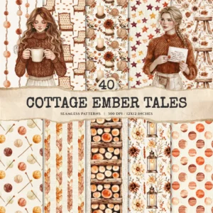 Cottage Ember Tales Seamless Patterns, Cottage Winter JPEG, Knitted Infinite Pattern, Lantern Repeating Pattern, Digital Scrapbook Paper