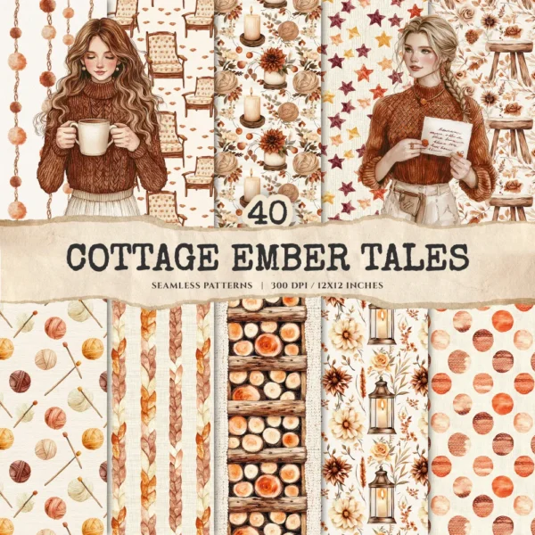 Cottage Ember Tales Seamless Patterns, Cottage Winter JPEG, Knitted Infinite Pattern, Lantern Repeating Pattern, Digital Scrapbook Paper