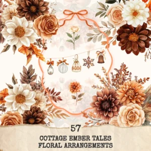 Cottage Ember Tales Floral Arrangements, Dahlia Floral PNG, Cream Rose Bouquet, Winter Flower Art, Cottage Decor, Ornaments,Digital download