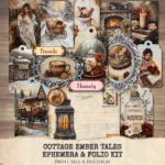 Cottage Ember Tales Ephemera & Folio Kit – Book Lover, Cozy Winter Printables, Snowfall, Vintage Art, Floral Tags, Kits, Digital Download