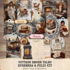 Cottage Ember Tales Ephemera & Folio Kit – Book Lover, Cozy Winter Printables, Snowfall, Vintage Art, Floral Tags, Kits, Digital Download
