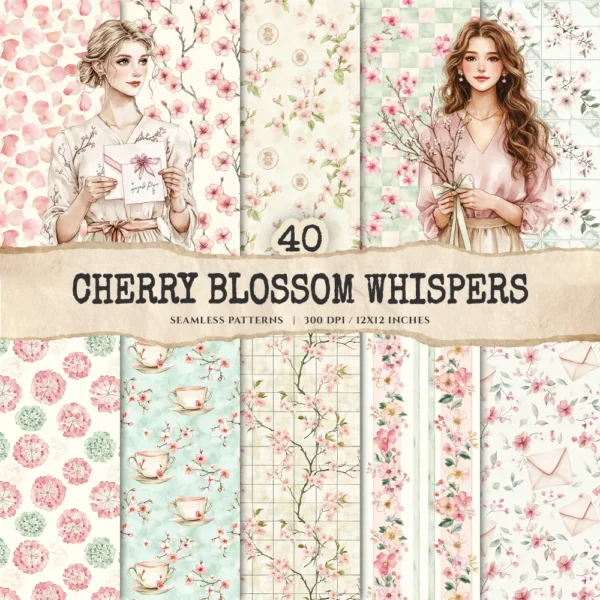 Cherry Blossom Whispers Seamless Patterns, Japanese JPEG, Pink Floral Infinite Pattern, Sakura Repeating Pattern, Digital Scrapbook Paper