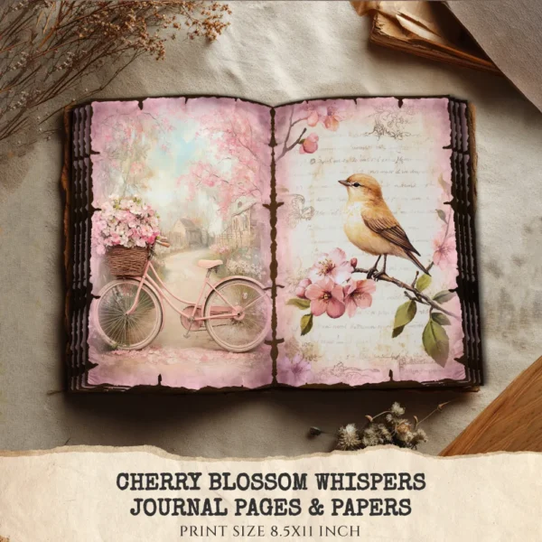 Cherry Blossom Whispers Junk Journal Pages & Papers – Sakura, Soft Spring Floral Printable, Romantic Botanical Scrapbook, Digital Download