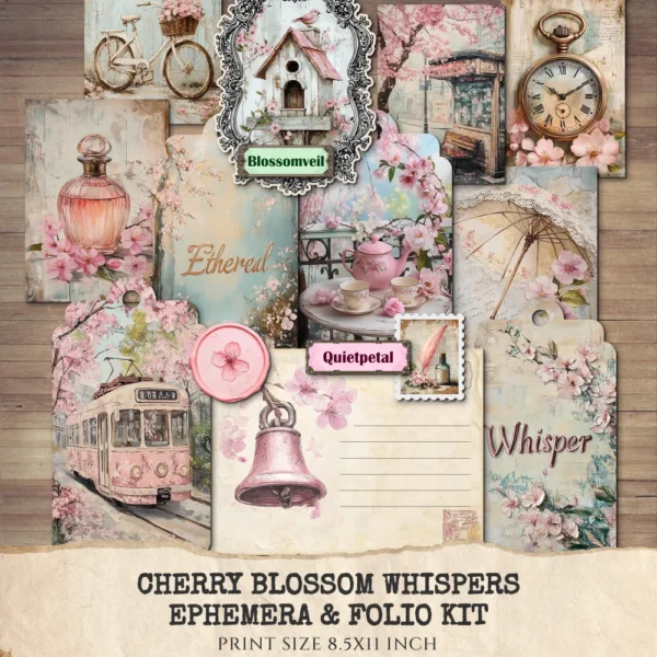 Cherry Blossom Whispers Ephemera & Folio Kit – Sakura, Soft Spring Floral Printables, Romantic Botanical, Pink Floral, Kit, Digital Download