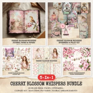 Cherry Blossom Whispers Mega Bundle – Junk Journal Pages, Ephemera, Kit, Soft Spring Floral Art, Sakura Graphics, Botanical, Digital Download