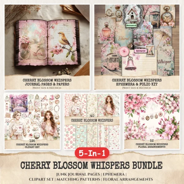 Cherry Blossom Whispers Mega Bundle – Junk Journal Pages, Ephemera, Kit, Soft Spring Floral Art, Sakura Graphics, Botanical, Digital Download